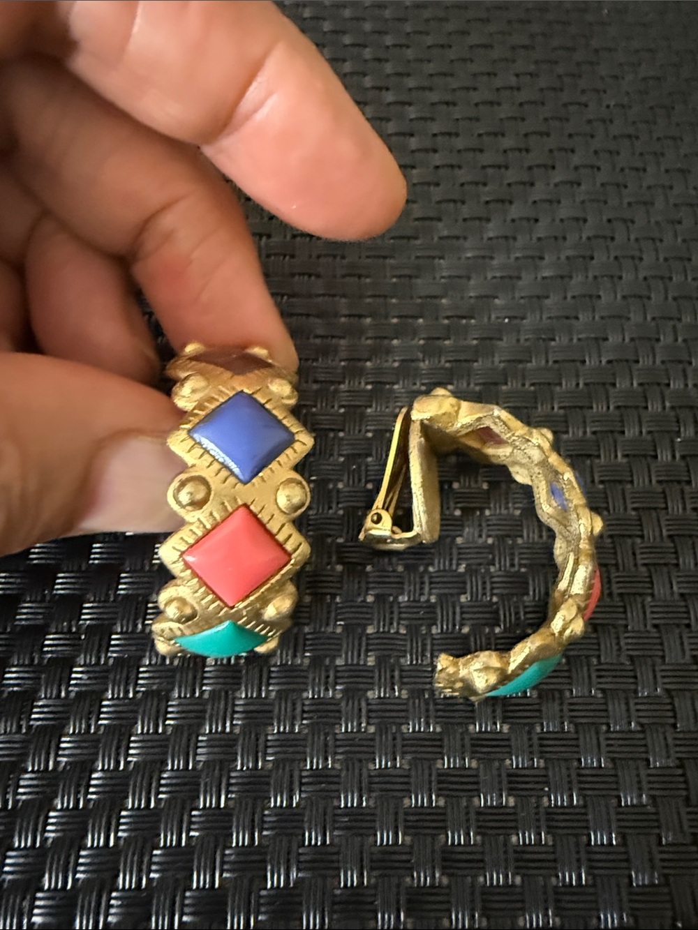 Goldtone Hoop Clip-On Earrings with Blue, Coral and Teal Inlays